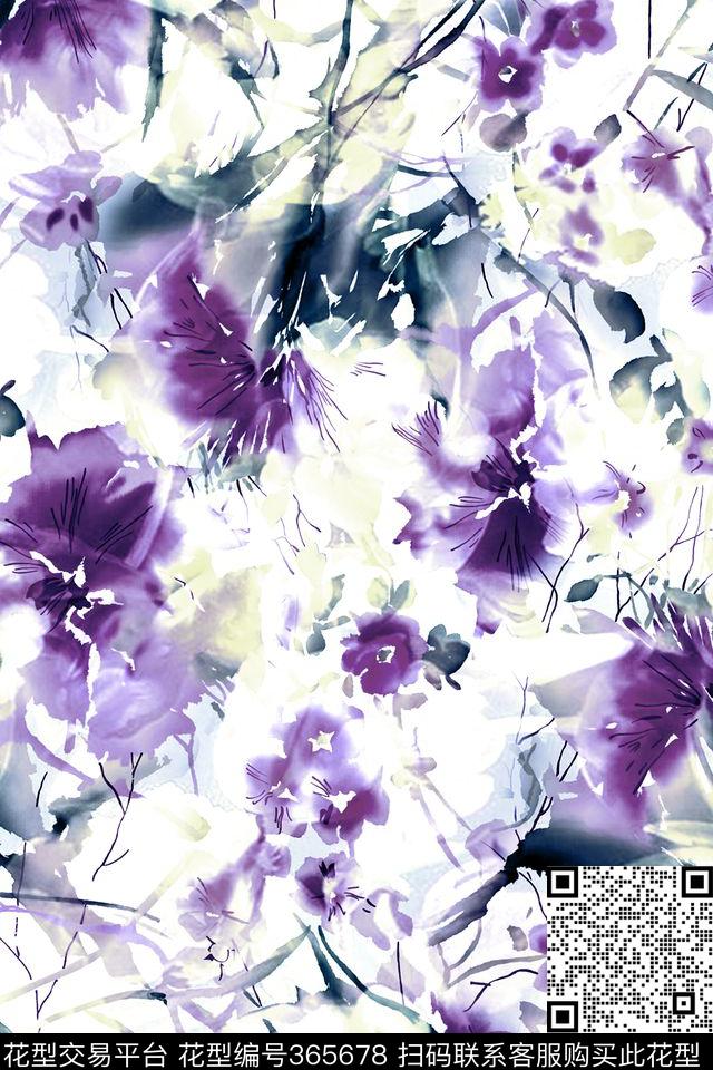 手绘水墨花卉数码印花华亿平台下载（图片编号: 365678） - 瓦栏（Walan）