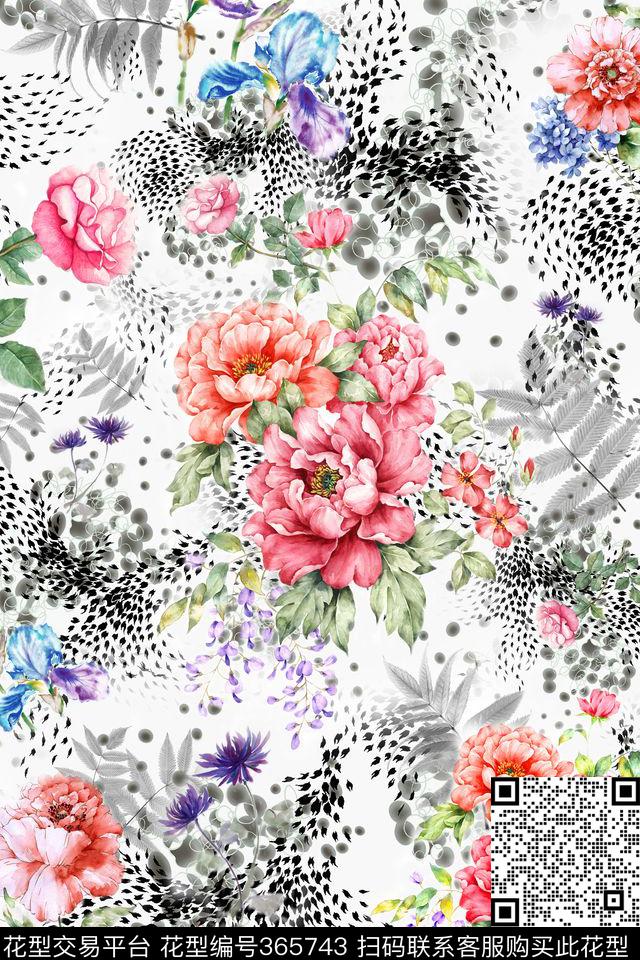 大花花卉豹纹数码印花华亿平台下载（图片编号: 365743） - 瓦栏（Walan）