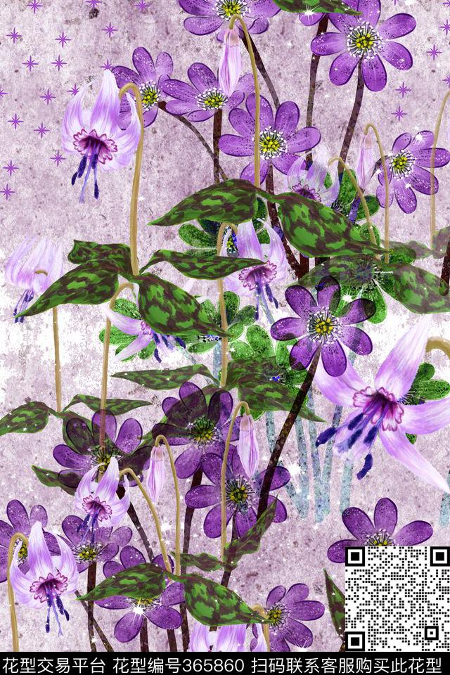 紫色花卉叶子传统印花华亿平台下载（图片编号: 365860） - 瓦栏（Walan）