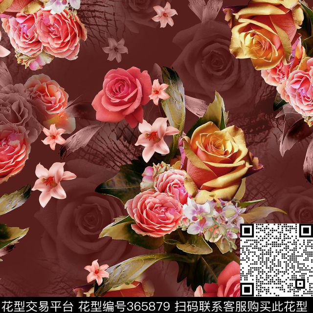 清新花卉玫瑰数码印花华亿平台下载（图片编号: 365879） - 瓦栏（Walan）
