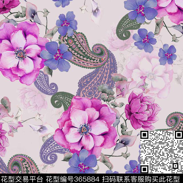 花卉火脚纹清新数码印花华亿平台下载（图片编号: 365884） - 瓦栏（Walan）