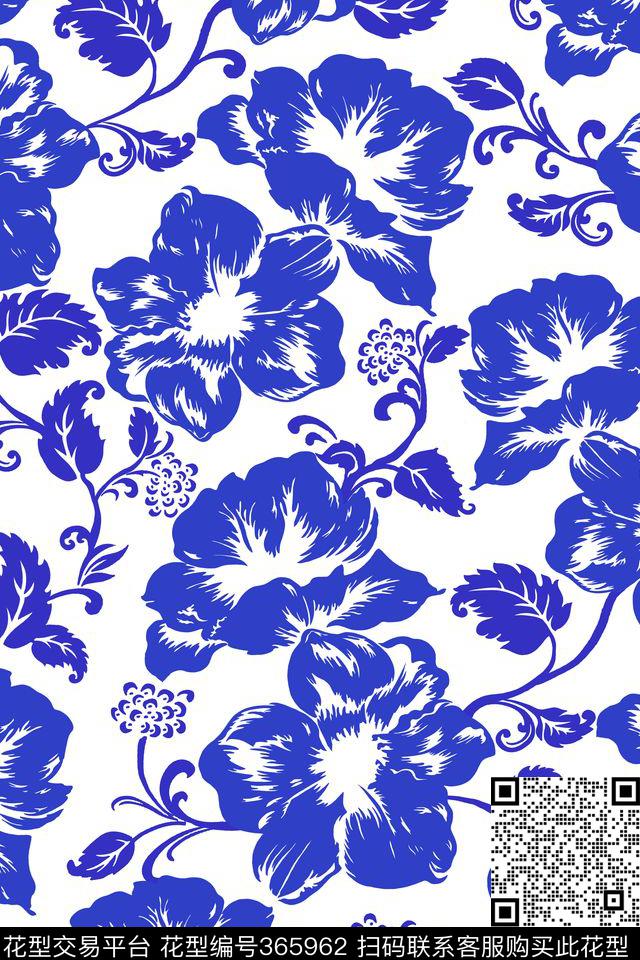 花卉2017趋势靛蓝花卉传统印花华亿平台下载（图片编号: 365962） - 瓦栏（Walan）