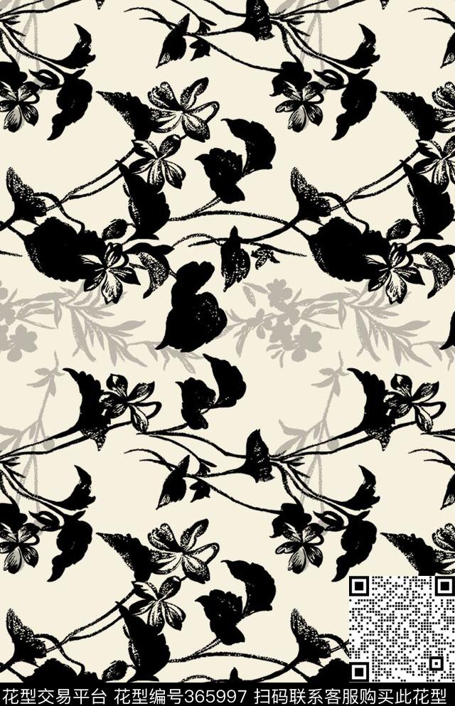 黑色水墨花卉传统印花华亿平台下载（图片编号: 365997） - 瓦栏（Walan）