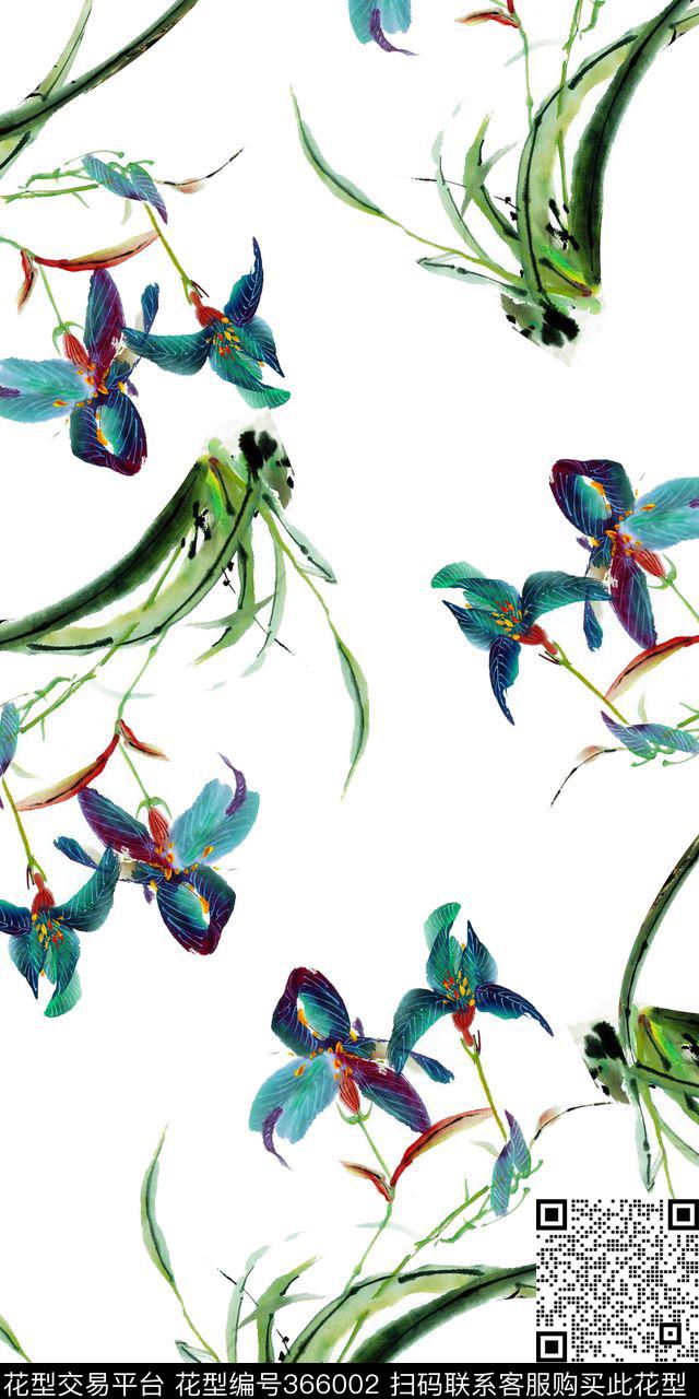 大气水墨花手绘花卉数码印花华亿平台下载（图片编号: 366002） - 瓦栏（Walan）