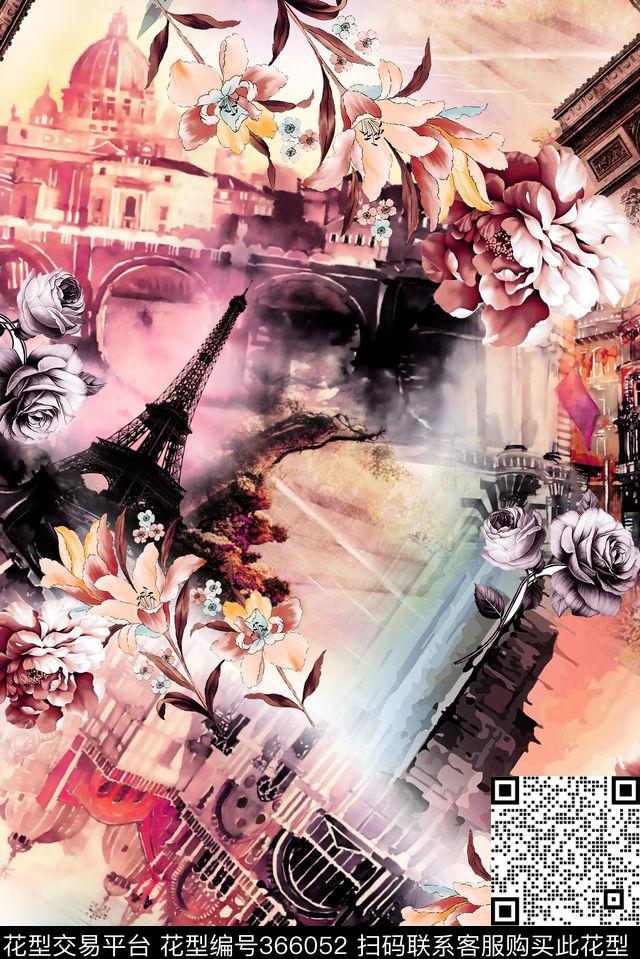 手绘建筑花卉类组合数码印花华亿平台下载（图片编号: 366052） - 瓦栏（Walan）