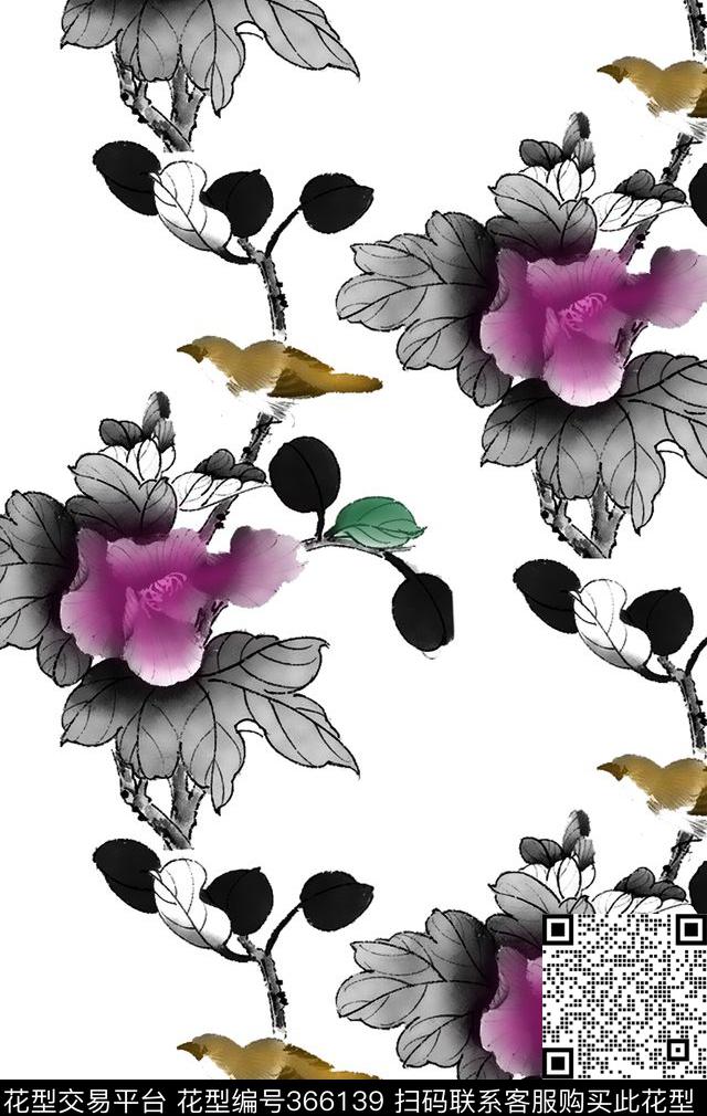 水墨花卉传统印花华亿平台下载（图片编号: 366139） - 瓦栏（Walan）