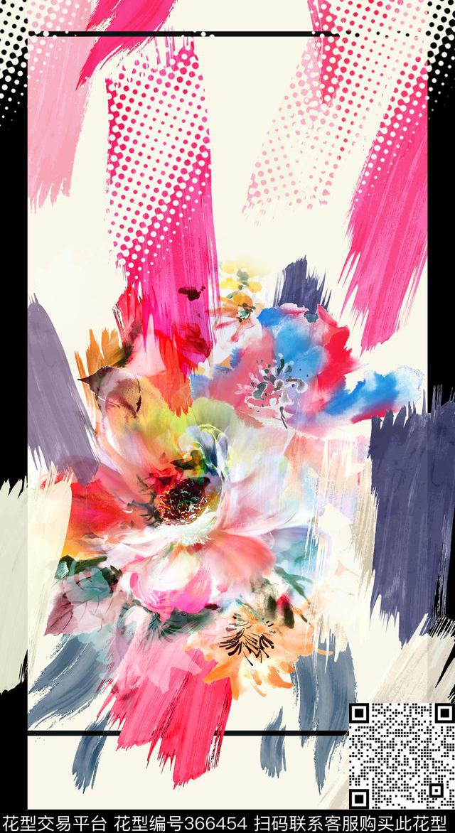 时尚定位大花数码水墨处理笔触数码印花华亿平台下载（图片编号: 366454） - 瓦栏（Walan）
