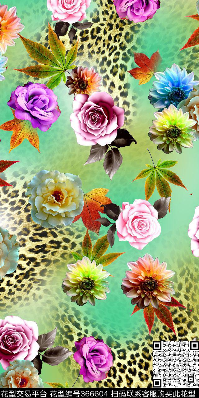 豹纹花卉清新数码印花华亿平台下载（图片编号: 366604） - 瓦栏（Walan）