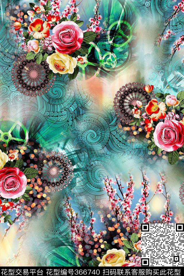 大朵花卉树枝抽象漩涡底纹数码印花华亿平台下载（图片编号: 366740） - 瓦栏（Walan）