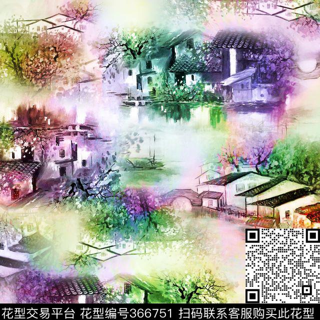 山水画民族风国画数码印花华亿平台下载（图片编号: 366751） - 瓦栏（Walan）