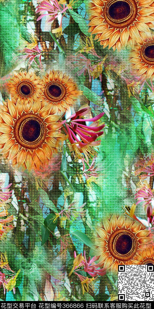 向日葵花卉抽象数码印花华亿平台下载（图片编号: 366866） - 瓦栏（Walan）