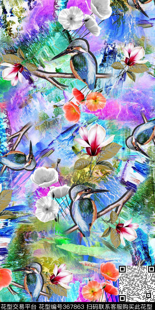 绘画风格树枝鸟水彩底纹数码印花华亿平台下载（图片编号: 367863） - 瓦栏（Walan）