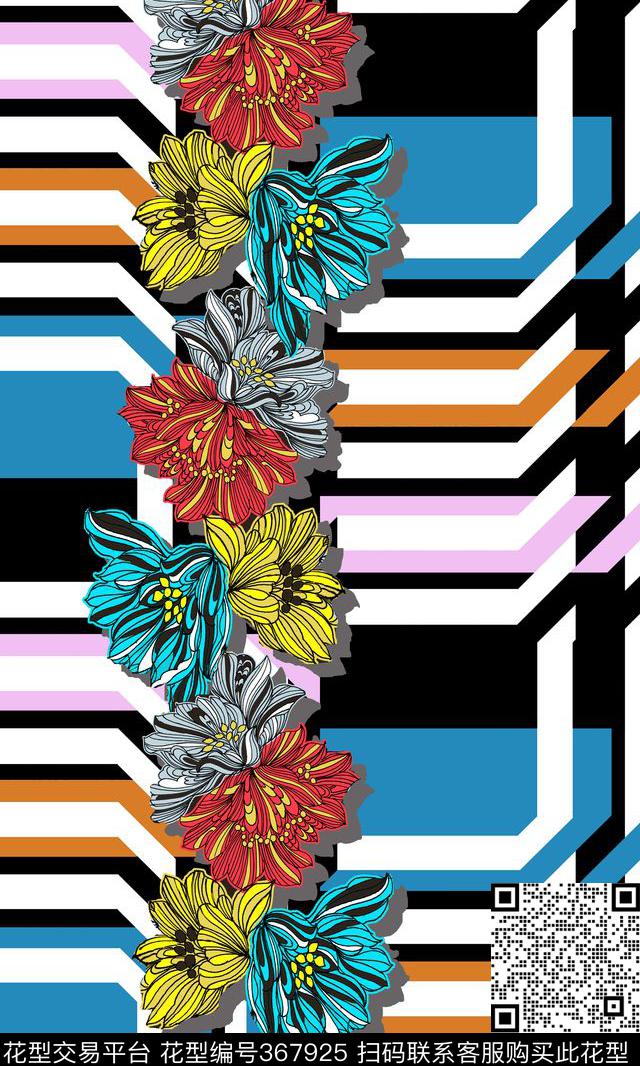花卉几何线条定位数码印花华亿平台下载（图片编号: 367925） - 瓦栏（Walan）