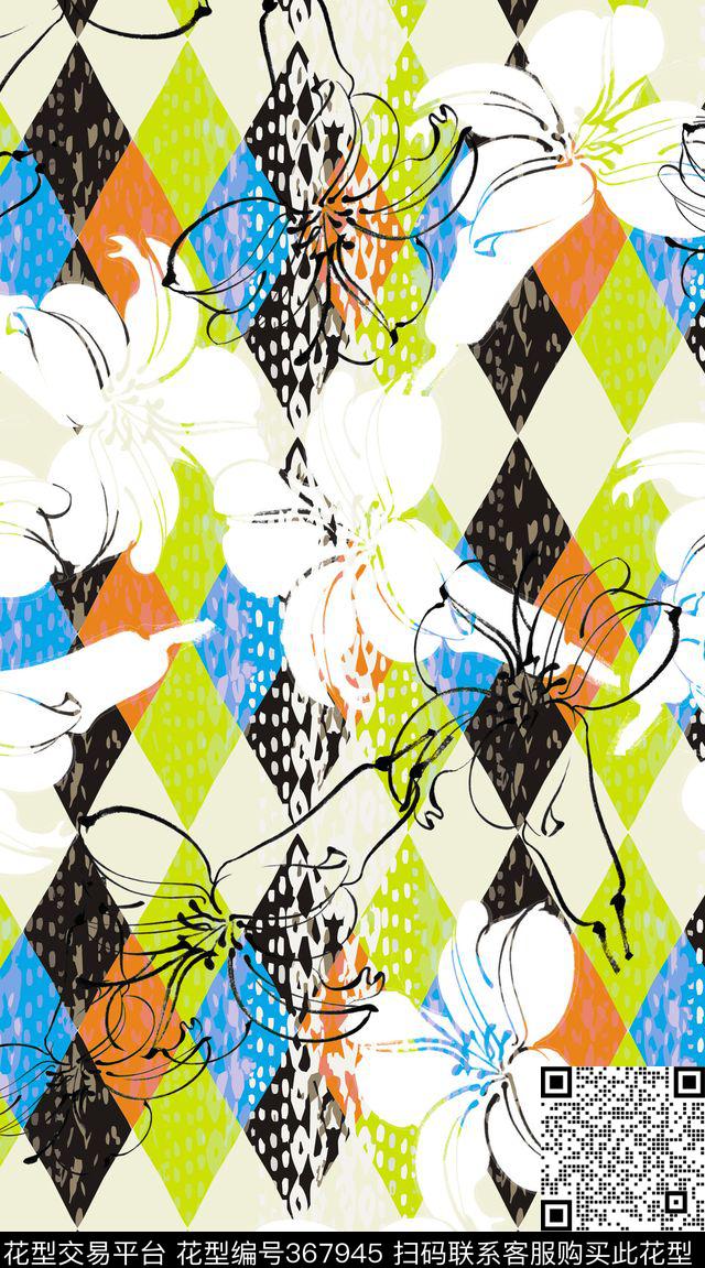 格子几何花卉传统印花华亿平台下载（图片编号: 367945） - 瓦栏（Walan）