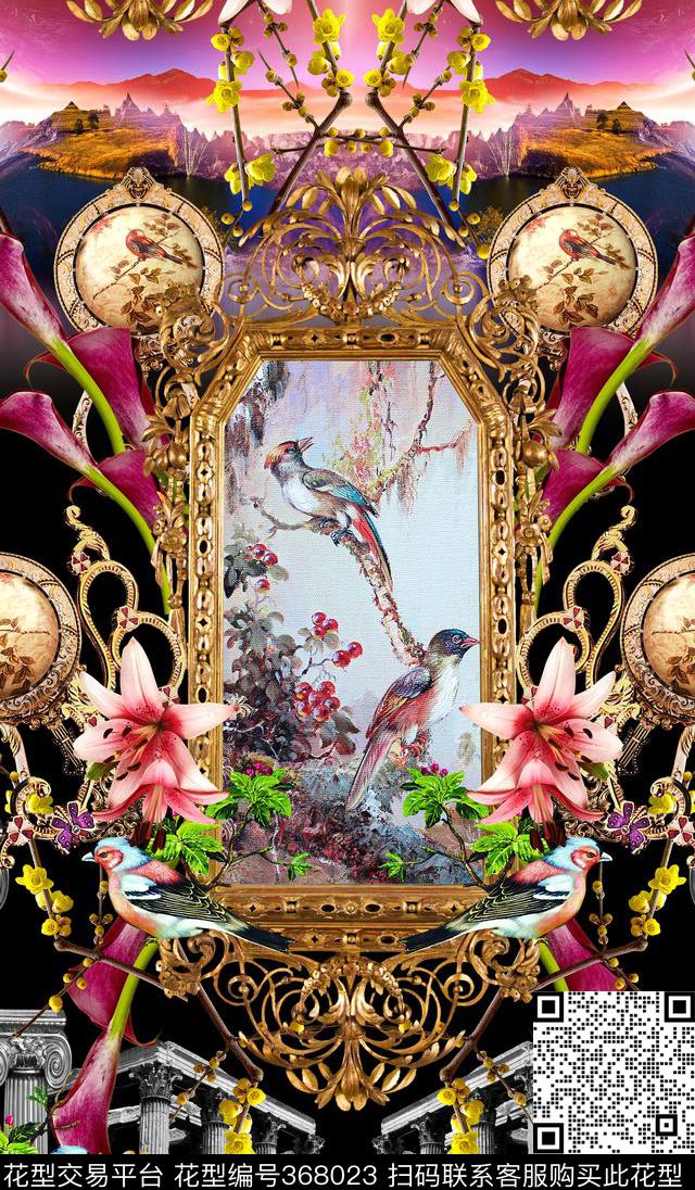 民族风梅花古建筑数码印花华亿平台下载（图片编号: 368023） - 瓦栏（Walan）