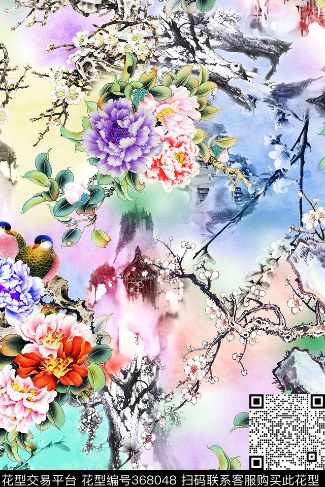 民族风梅花中国画数码印花华亿平台下载（图片编号: 368048） - 瓦栏（Walan）