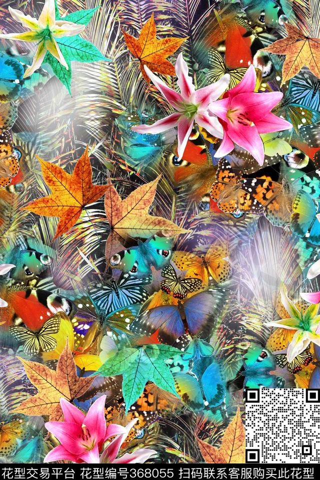 枫叶花卉羽毛数码印花华亿平台下载（图片编号: 368055） - 瓦栏（Walan）
