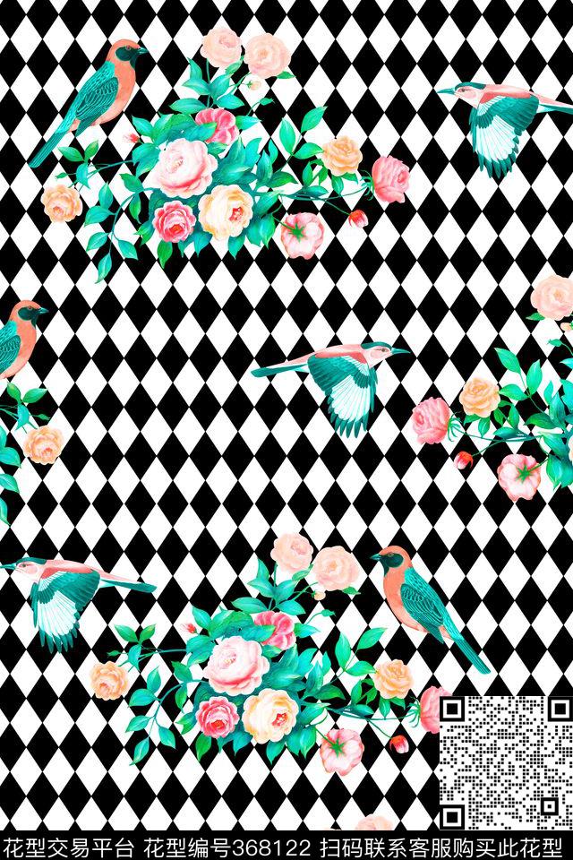 手绘花鸟纹几何图形数码印花华亿平台下载（图片编号: 368122） - 瓦栏（Walan）