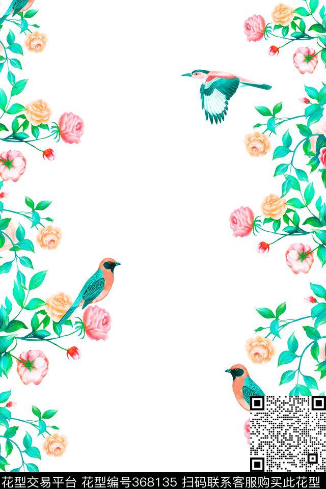 手绘花卉手绘鸟数码印花华亿平台下载（图片编号: 368135） - 瓦栏（Walan）
