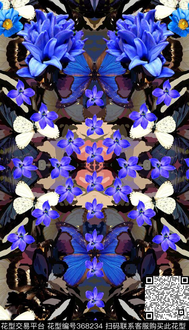 复古蝴蝶花朵数码印花华亿平台下载（图片编号: 368234） - 瓦栏（Walan）
