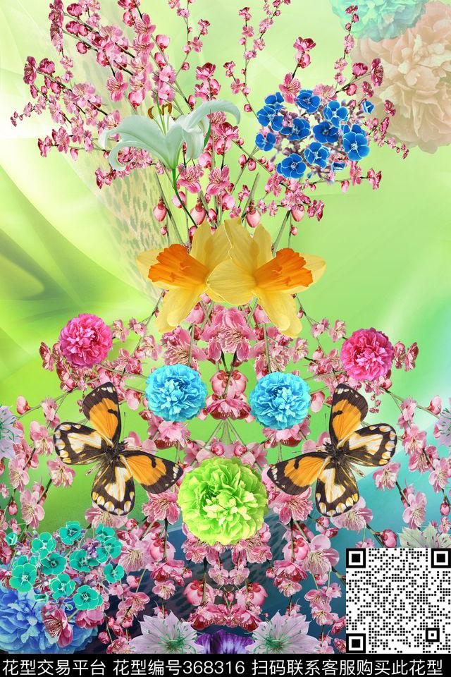 定位花卉蝴蝶数码印花华亿平台下载（图片编号: 368316） - 瓦栏（Walan）