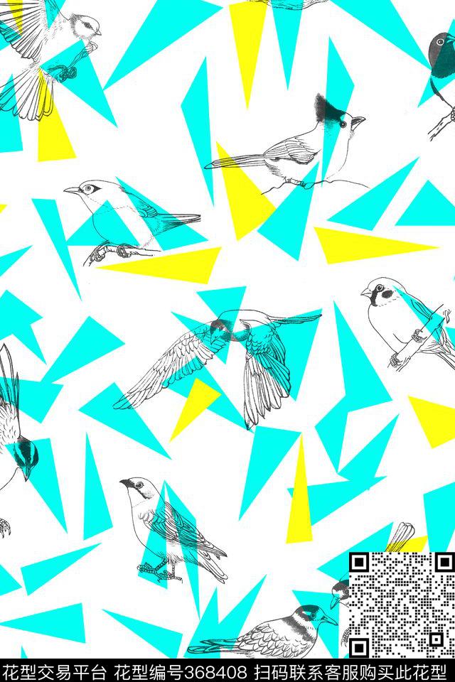 手绘鸟几何块数码印花华亿平台下载（图片编号: 368408） - 瓦栏（Walan）