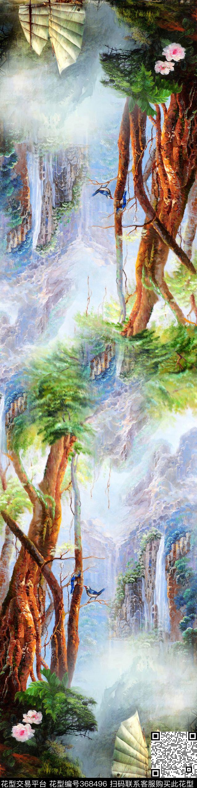 风帆油画树木数码印花华亿平台下载（图片编号: 368496） - 瓦栏（Walan）
