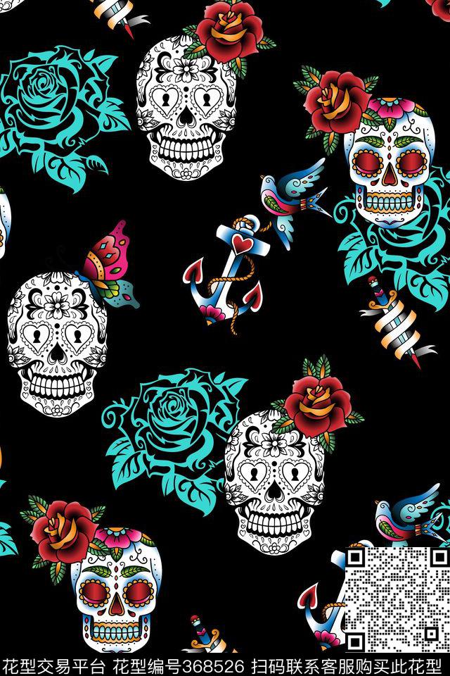 骷髅花卉小鸟传统印花华亿平台下载（图片编号: 368526） - 瓦栏（Walan）