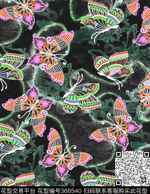暗系夜光手绘蝴蝶个性休闲数码印花华亿平台下载（图片编号: 368540） - 瓦栏（Walan）