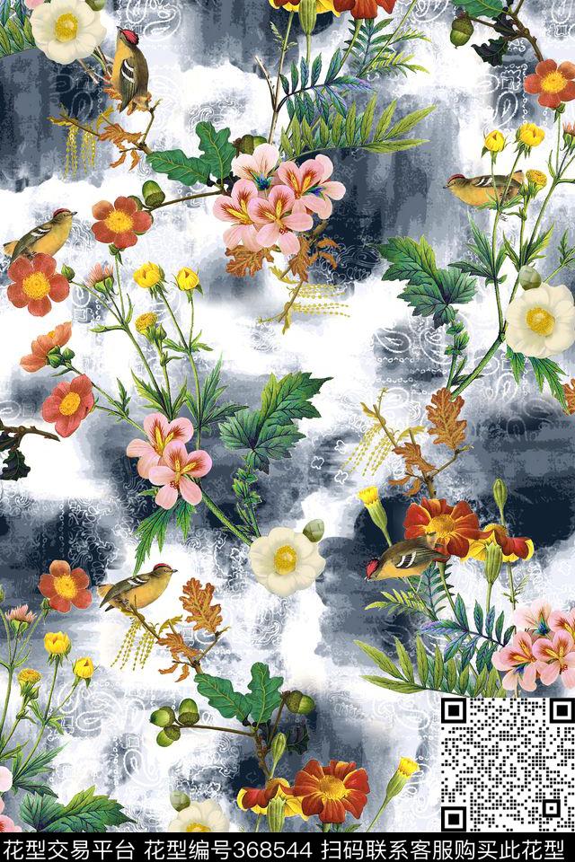 水墨花卉小鸟数码印花华亿平台下载（图片编号: 368544） - 瓦栏（Walan）