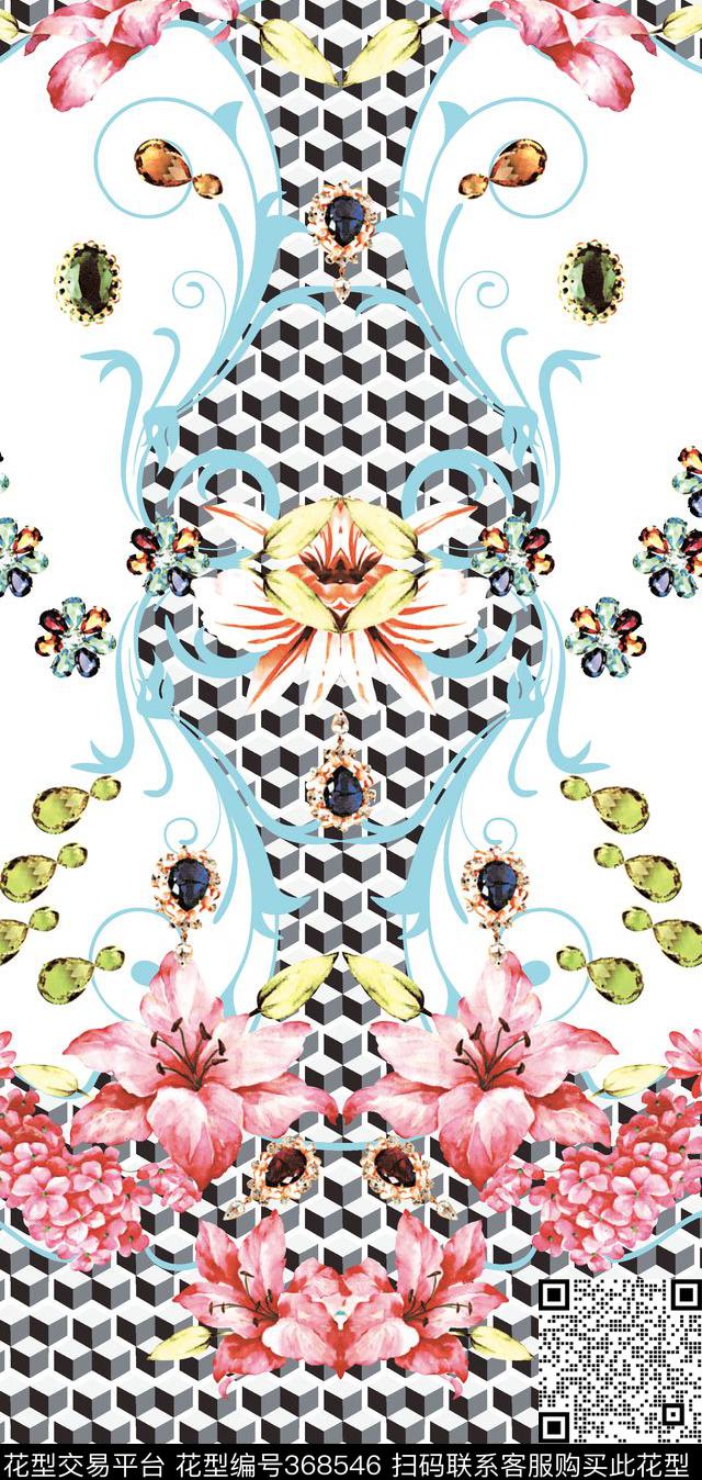 花贲格子花定位女装数码印花华亿平台下载（图片编号: 368546） - 瓦栏（Walan）