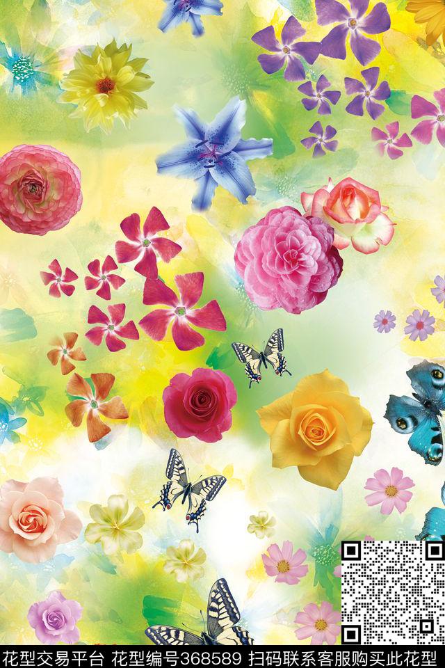花卉蝴蝶爆款散花数码印花华亿平台下载（图片编号: 368589） - 瓦栏（Walan）