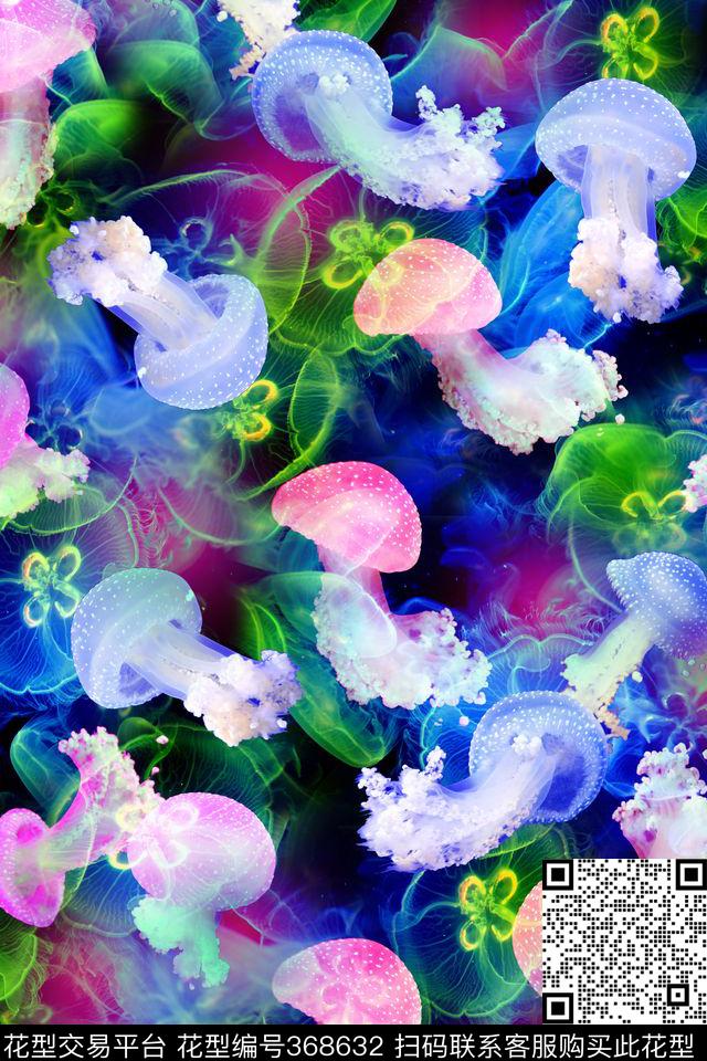 动物纹水母海洋生物数码印花华亿平台下载（图片编号: 368632） - 瓦栏（Walan）