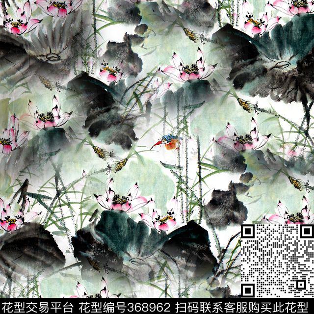 荷花水墨复古数码印花华亿平台下载（图片编号: 368962） - 瓦栏（Walan）