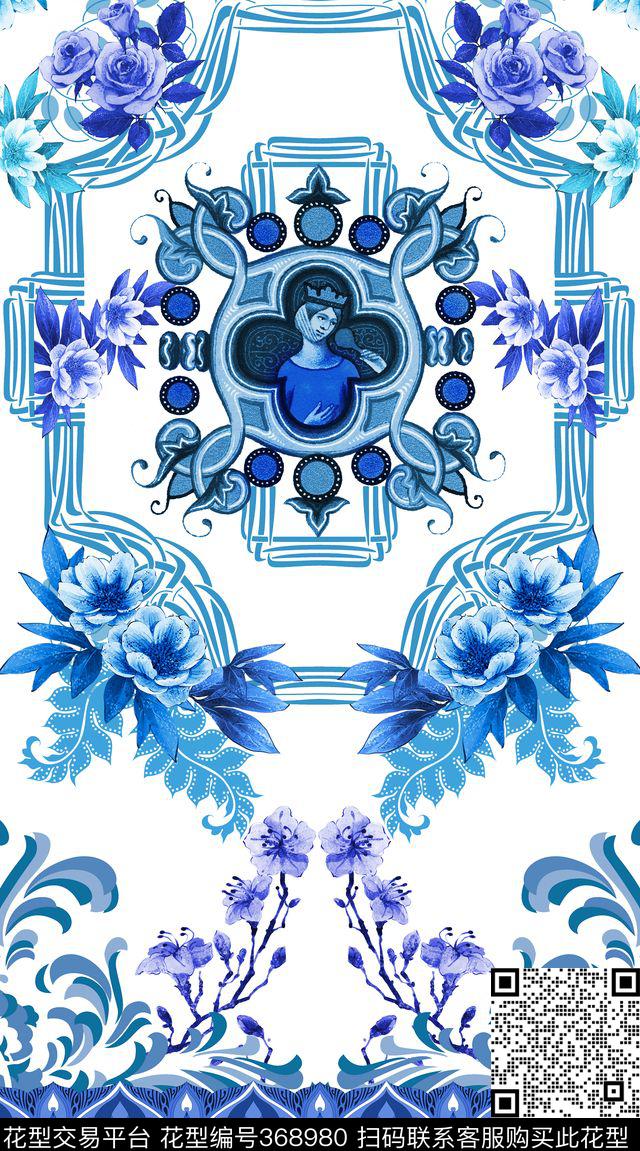 欧式宫廷风青花瓷文艺复兴数码印花华亿平台下载（图片编号: 368980） - 瓦栏（Walan）