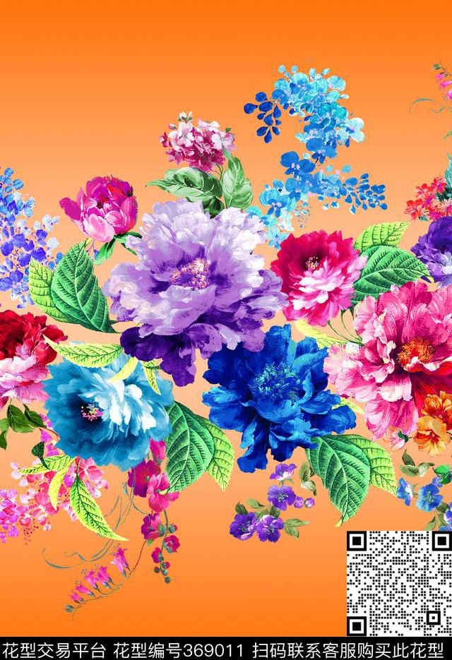 手绘韩国风大花花卉数码印花华亿平台下载（图片编号: 369011） - 瓦栏（Walan）