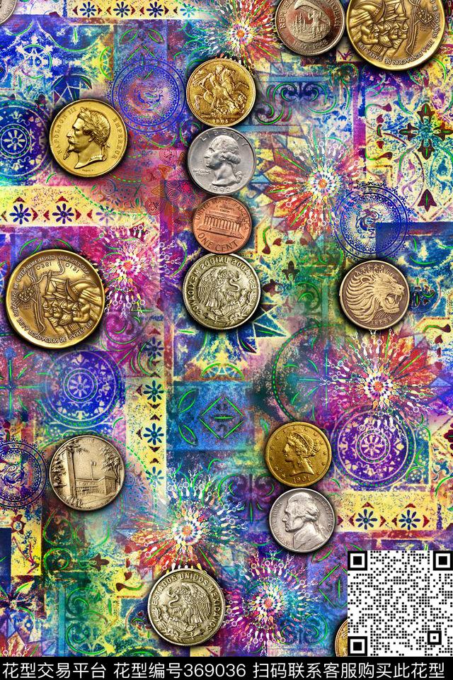 复古金币花纹数码印花华亿平台下载（图片编号: 369036） - 瓦栏（Walan）