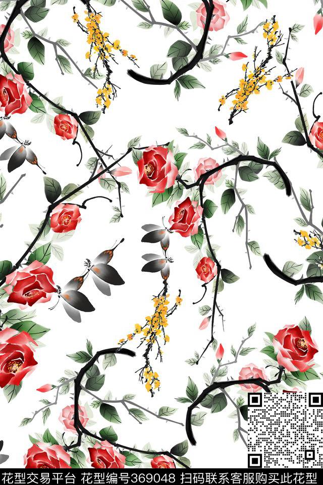 中国风树枝花卉数码印花华亿平台下载（图片编号: 369048） - 瓦栏（Walan）