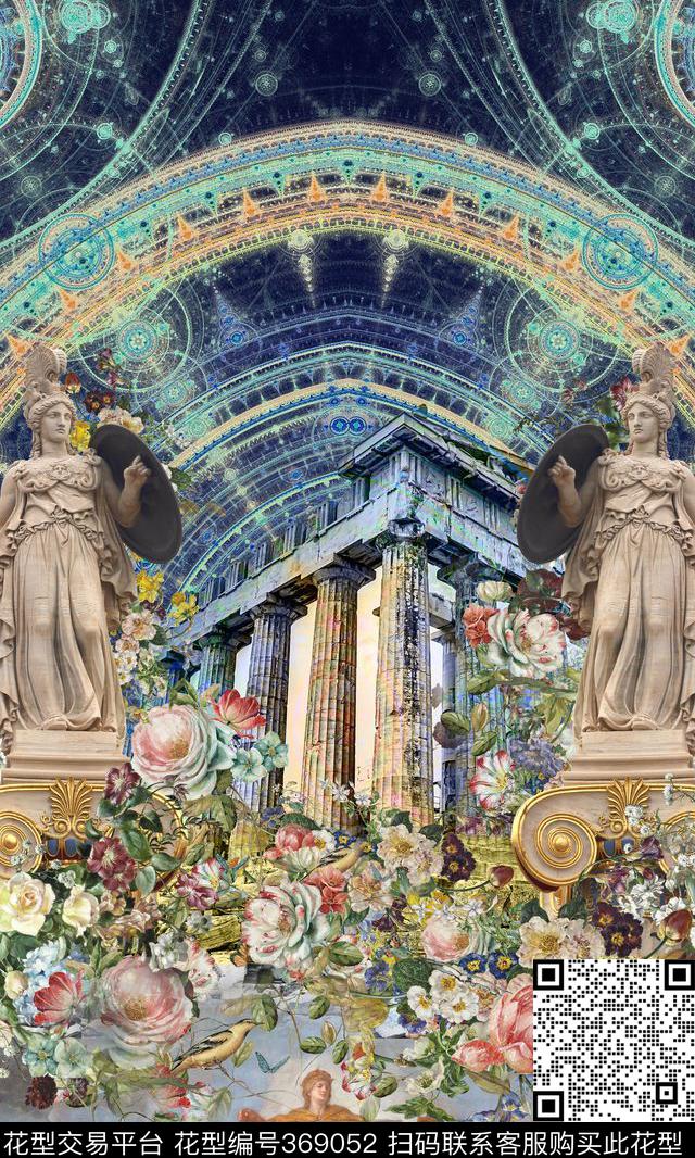 欧式花卉建筑数码印花华亿平台下载（图片编号: 369052） - 瓦栏（Walan）