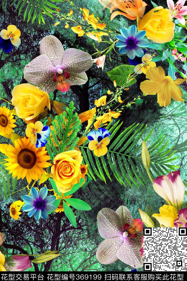 数码风景花高端大气时尚花卉组合数码印花华亿平台下载（图片编号: 369199） - 瓦栏（Walan）