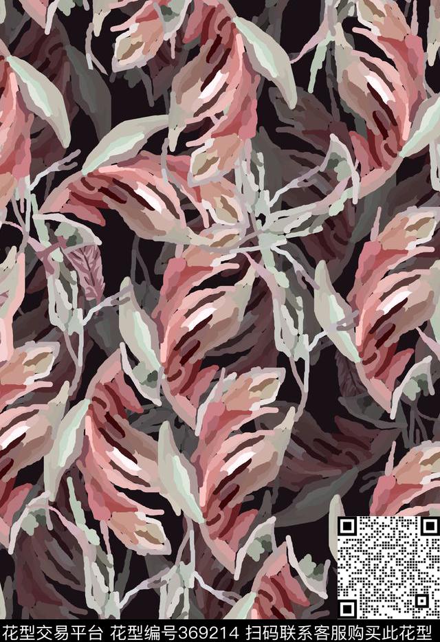 笔触叶子复古数码印花华亿平台下载（图片编号: 369214） - 瓦栏（Walan）