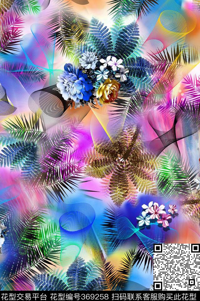 多彩树叶花卉数码印花华亿平台下载（图片编号: 369258） - 瓦栏（Walan）