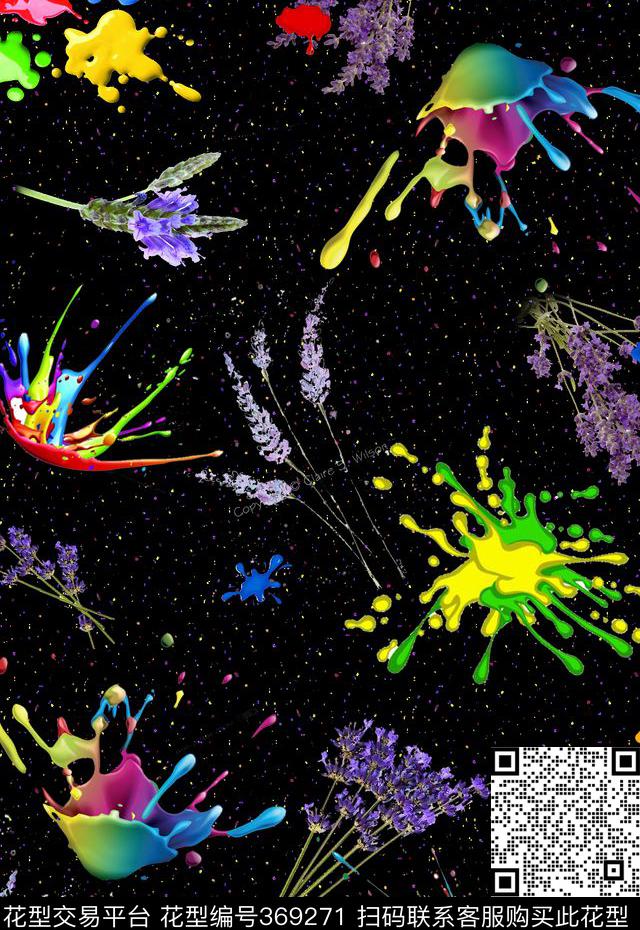 油漆黑底薰衣草数码印花华亿平台下载（图片编号: 369271） - 瓦栏（Walan）