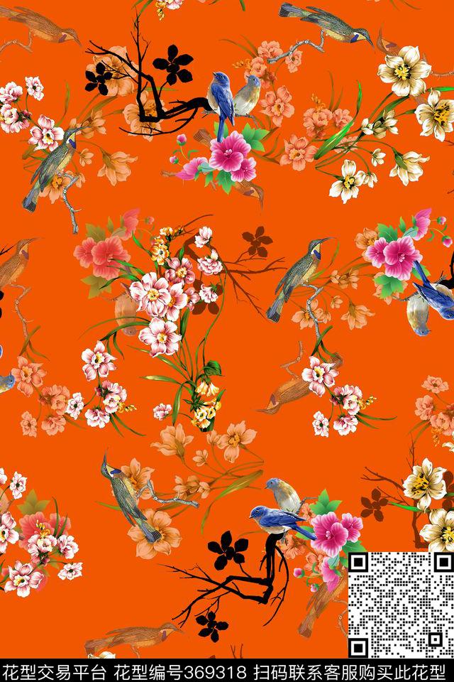 鸟树枝花卉数码印花华亿平台下载（图片编号: 369318） - 瓦栏（Walan）