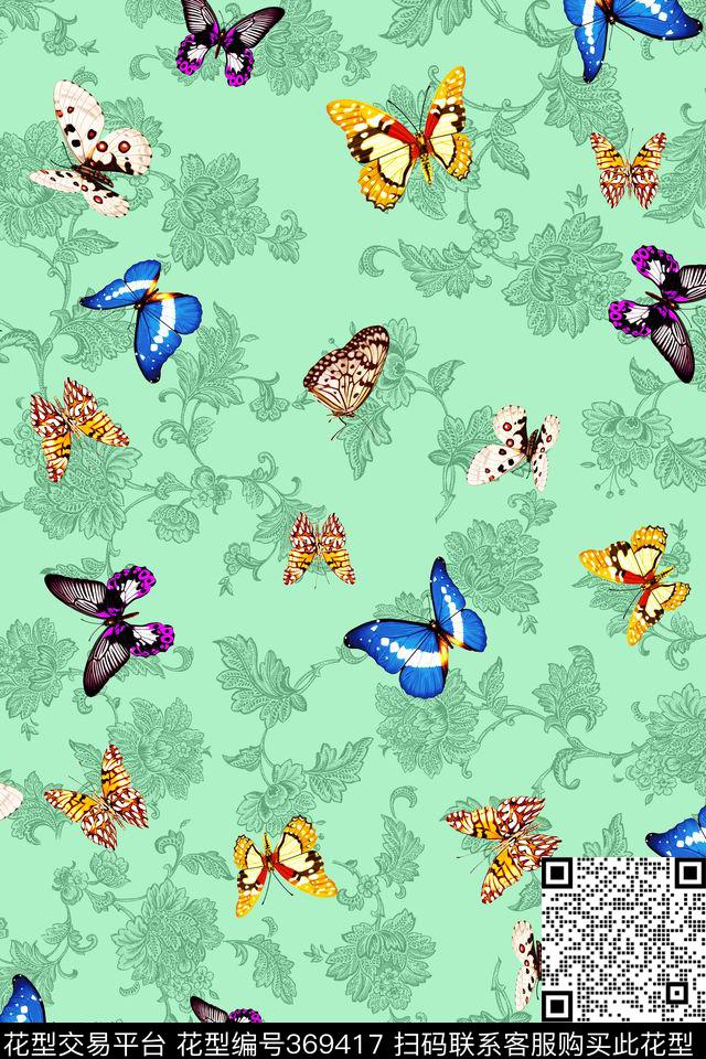 蝴蝶欧式花纹抽象简洁数码印花华亿平台下载（图片编号: 369417） - 瓦栏（Walan）