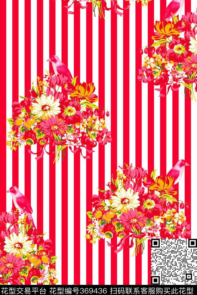 手绘菊花竖条纹鸟传统印花华亿平台下载（图片编号: 369436） - 瓦栏（Walan）