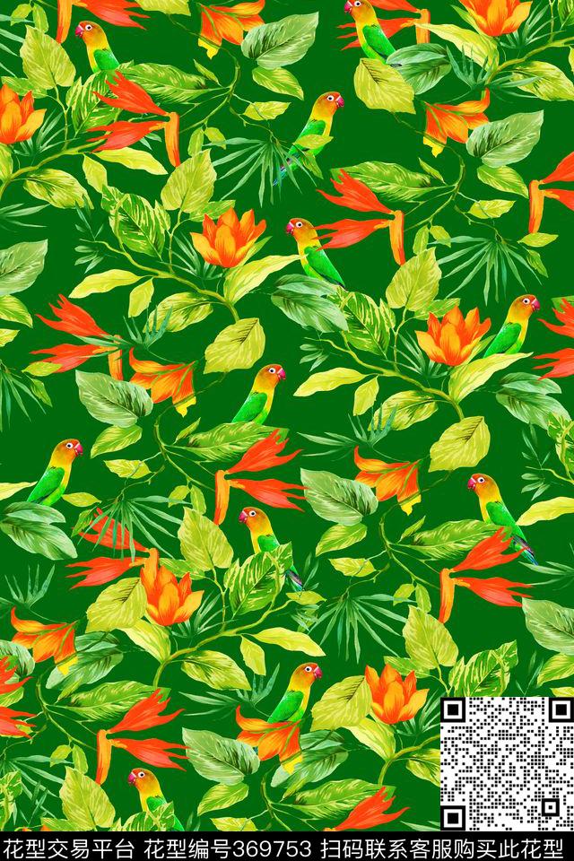 热带雨林植物鹦鹉数码印花华亿平台下载（图片编号: 369753） - 瓦栏（Walan）