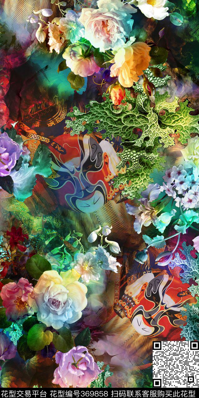 中国风脸谱肌理数码印花华亿平台下载（图片编号: 369858） - 瓦栏（Walan）