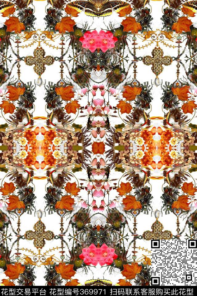 玫瑰花对称花卉数码印花华亿平台下载（图片编号: 369971） - 瓦栏（Walan）