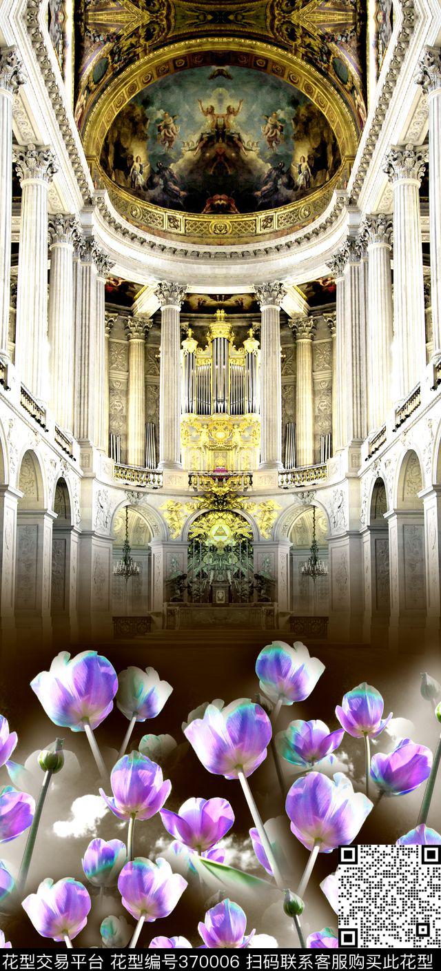 欧式建筑教堂花卉数码印花华亿平台下载（图片编号: 370006） - 瓦栏（Walan）
